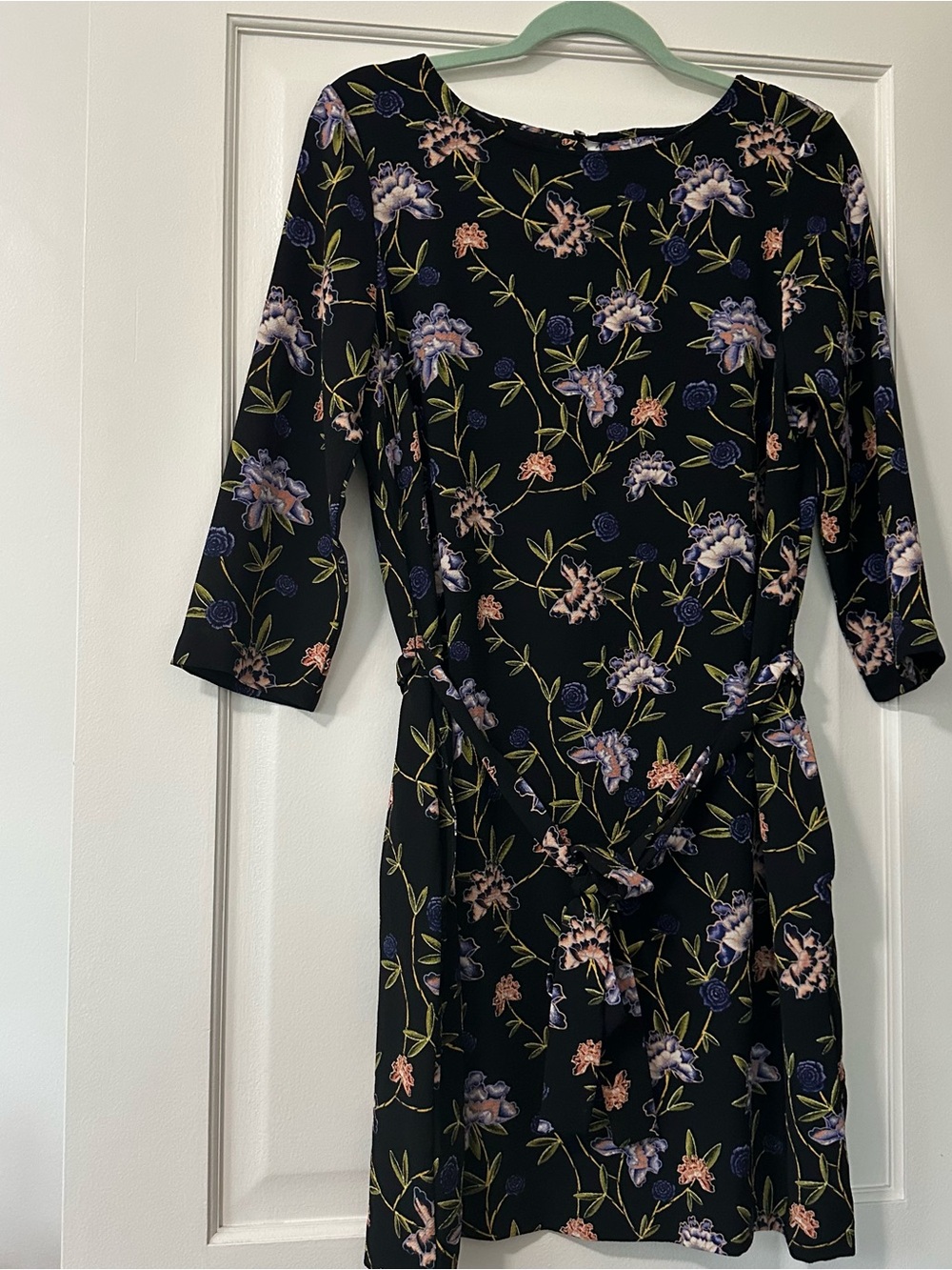 H&M Black Floral Tie-Waist Midi Dress sz 12